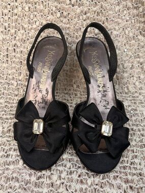 Yves Saint Laurent Black Satin Bow Slingback Heels